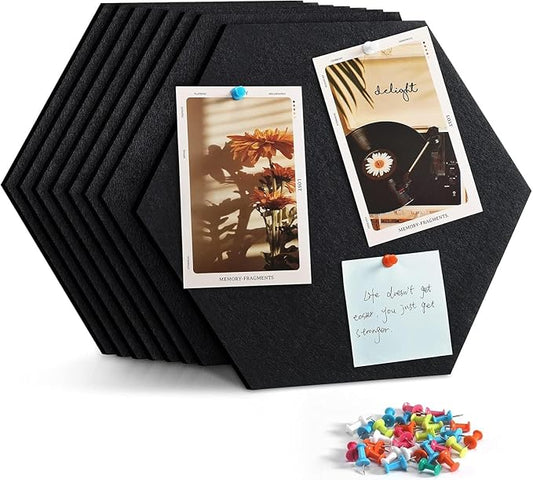 12" Black Cork Board for Wall, 8 Pack Hexagon Bulletin Board with with 30 Push Pins, Felt Pin Board, Felt Wall Tiles for Office Home Photos Decor