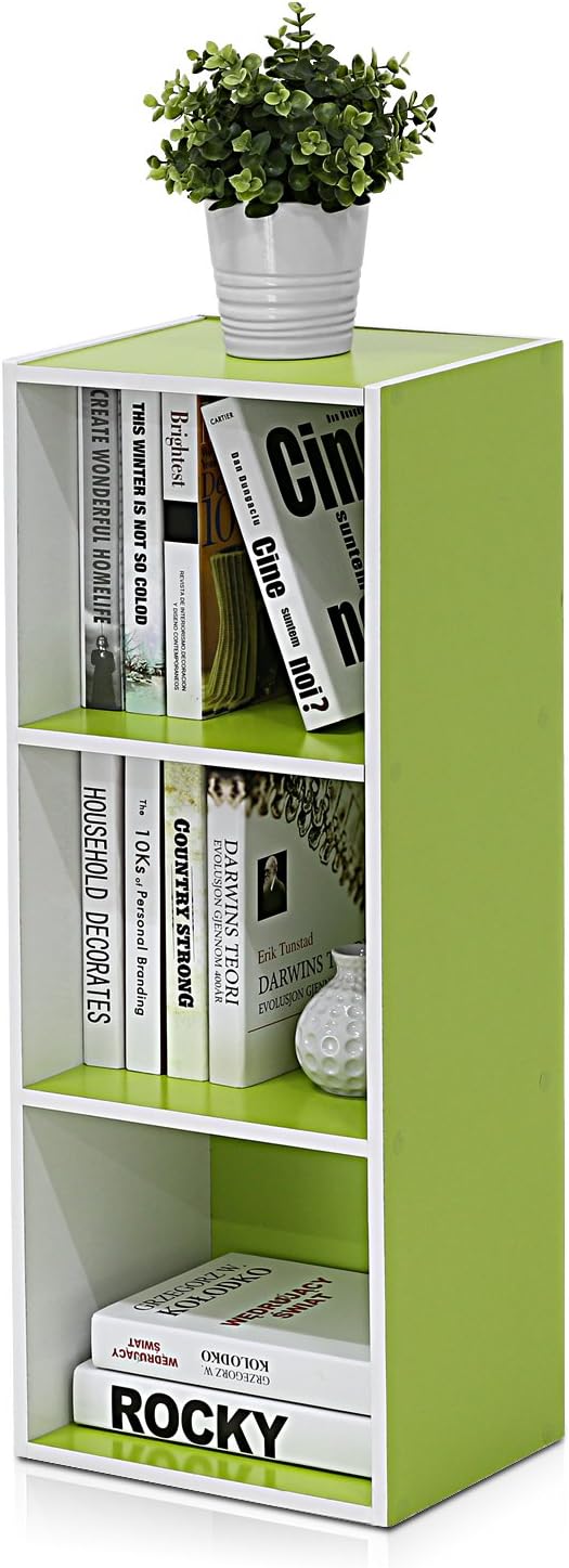 Furinno LUDER Book Shelf, 3-Cube Bookshelf, Bookcase with Open Shelves, 9.3 x 12 x 31.5, for Living Room, Bedroom, Home Office, White/Green