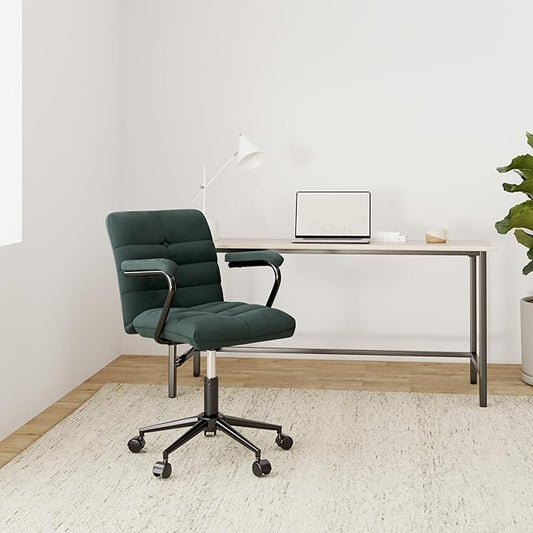 Velvet Home Office Desk Chair, Upholstered Adjustable Swivel Task Chair with Wheels, Tufted Mid-Back Computer Chair with Arms, for Study Living Room Vanity (Dark Green, Black Base)