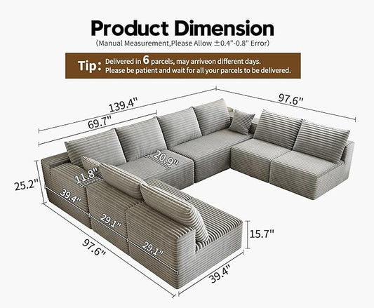 139.4" Modular Sectional Sofa Couch, Oversized U-Shaped Minimalist Couches with 4 Middle Seats Chaise, Modern Deep Seat Cloud Plush Corduroy Sofas Set for Living Room, 8 Seater, Grey