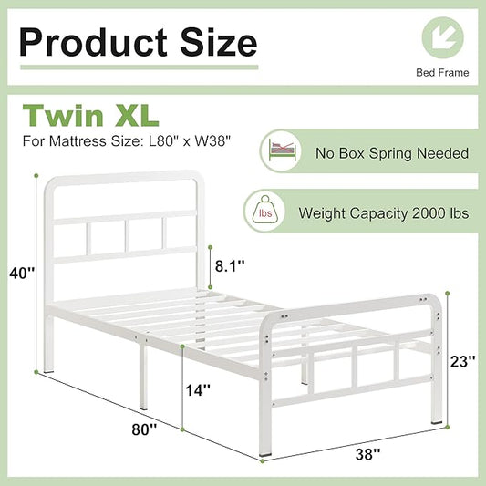 14 Inch White Twin XL Bed Frames with Headboard and Footboard, Heavy Duty Bed Frame Twin XL with Underneath Storage, No Box Spring Needed, Easy Assembly