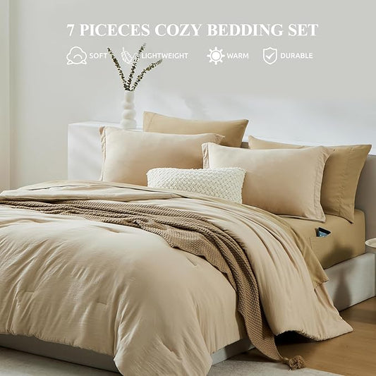 WRENSONGE King Size Comforter Set, 7 Pieces Beige Soft Bed in a Bag King with Fitted Sheet, Flat Sheet, 2 Pillow Shams, and 2 Pillowcases- Warm Bedding Set for All Season