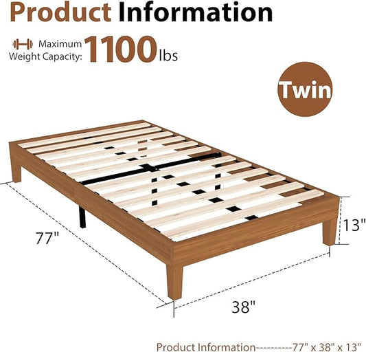 Sweetcrispy Solid Wood Bed Frame, Twin Size Bed Base with Wood Slat Support, Sturdy, Stylish & Noise-Free Design, No Box Spring Needed, Easy Assembly, Dark Brown