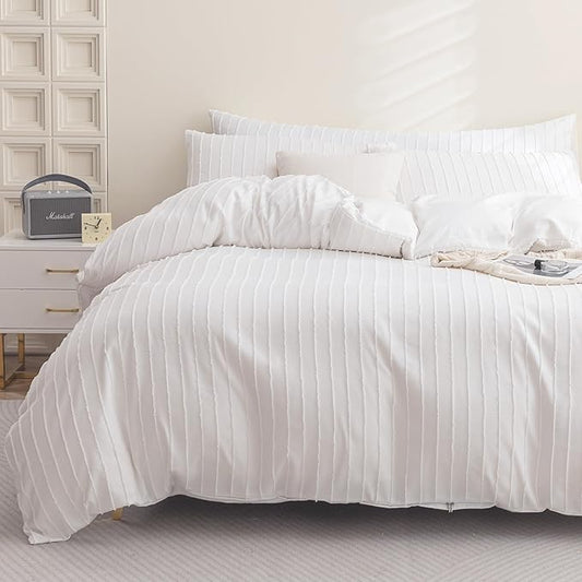 JELLYMONI Bright White Duvet Cover Full Size - 3PCS Microfiber Tufted Duvet Cover Set, Boho Striped Tufted Textured Duvet Cover with Corner Ties & Zipper Closure