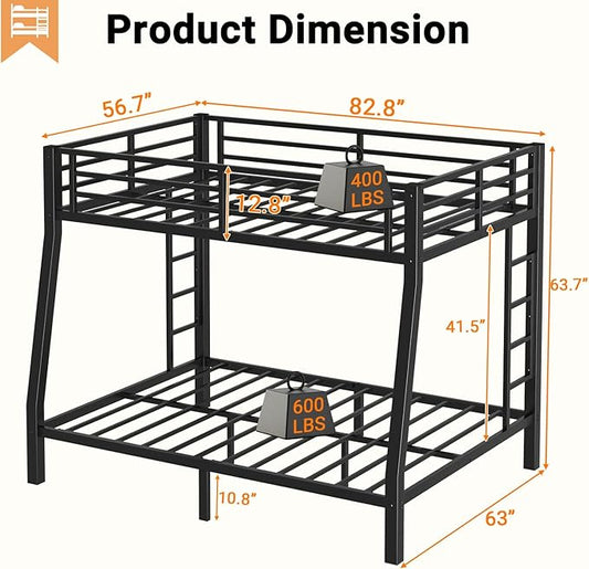 Full XL Over Queen Bunk Bed, Metal Bunk Bed Frame Heavy Duty Bunk Beds Loft Bed Frame with Ladder and Guardrail Metal Slats No Box Spring Required for Adults Teens, Black