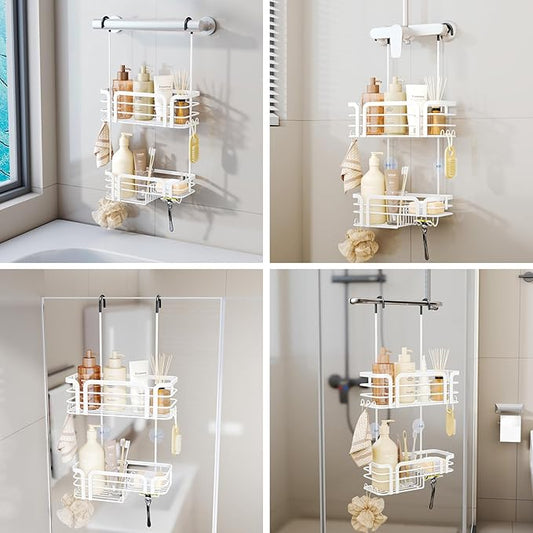 SWTYMIKI Shower Caddy Hanging Organizer - Over the Door Shower Caddy with Soap Holder, 11 Hooks, 2 Installation Ways, Stainless Steel Rustproof Bathroom Organizer, Black