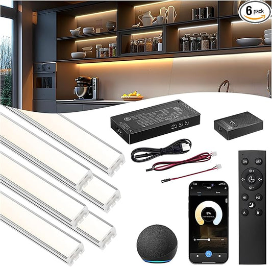 VST Smart Under Cabinet Lighting 6 Bars - UL Listed CRI 93+ Adjustable COB Strip Lights, Alexa & Google Home Compatible, App/Voice/Hand Wave Control for Kitchen Cabinets & Closets