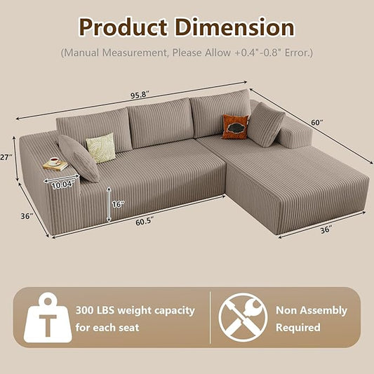 96" Modular Sectional Couch, Boneless L Shaped Cloud Sofa with Chaise Lounge, Corduroy Upholstered Couches Memory Foam Deep Seat, No Assembly Required, Ideal for Living Room(Camel, Right Facing)