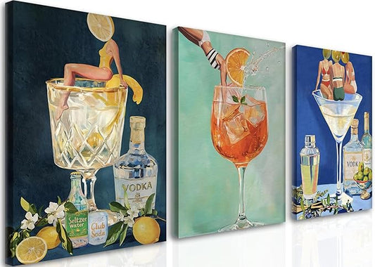 Vintage Cocktail Canvas Wall Art Set of 3, Retro Dirty Martini Bar Cart Wall Decor Paintings, Preppy Alcohol Aesthetic Posters Prints Pictures for Bar College Girls Apartment Dorm 12x16 Inch Framed