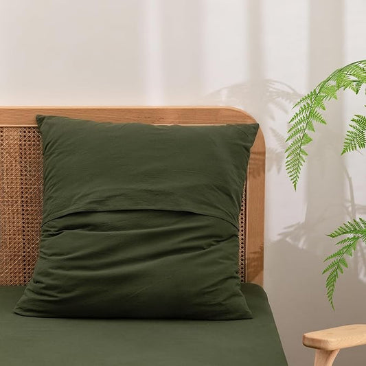 BESTOUCH 100% Washed Cotton Pillowcase for Hair and Skin Linen Feel Soft Comfortable Breathable 2 Set Pillow Case with Envelope Closure Solid Olive Green Euro 26x26 Inches