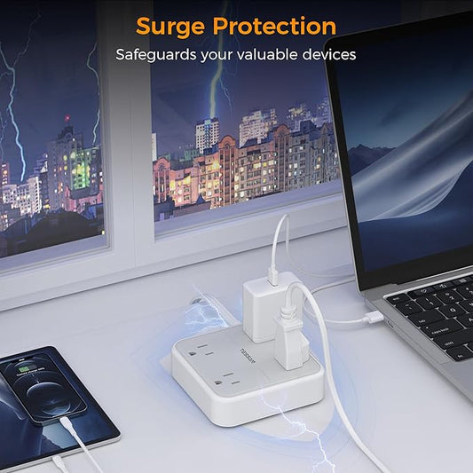Surge Protector Power Strip, TESSAN 5 ft Extension Cord Flat Plug with 4 Widely Outlets, Indoor Desk Charging Station with Surge Protection for Home, Office Supplies, Dorm Room Essentials
