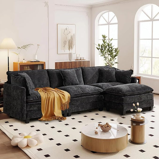 SoarFlash 113.78" Chenille Sectional Sofa, Comfy L Shaped Modular Coush Sofa with Ottoman, Modern 4 Seat Couch Deep Seat Sofa Set for Living Room,Black