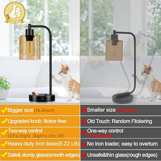 Lynnoland Set of 2 Industrial Table Lamps with 2 USB Port, Black Nightstand Desk Lamps with Amber Glass Shade for Reading Living Room Office 2 LED Bulb