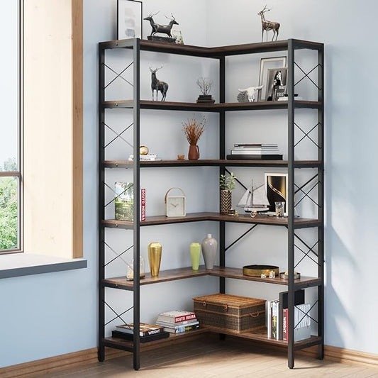 6-Shelf Corner Bookshelf, Vintage Industrial CornerBookshelf Etagere Bookcase, Large Book Shelf with Metal Frame Open Storage Corner Cabinet for Living Room Home Office(Retro Brown)