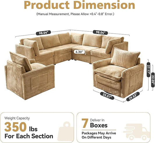 Modular Sectional Sofa, 98" L Shaped Couch Set for Living Room, 4-Seater Comfy Cloud Couches with Swivel Chairs, DIY Combination, Plush Corduroy, Beige