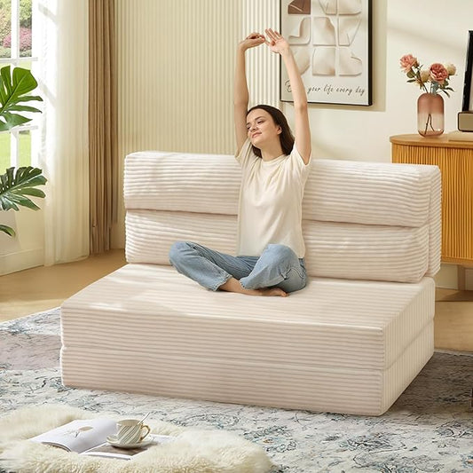 Folding Sofa Bed, Convertible Sleeper Chair with Pilow Foldable Matress, 2 in 1 Pull Out Loveseat Sofa Portable Fold Out Chair Bed Floor Couch Lounge for Living Room Bedroom (Beige, Twin)