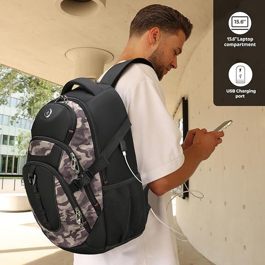 Swissdigital Design Laptop Backpack with USB Charging Port, Travel Backpack Fits 15.6 inches Computer, 31L College School Backpack for Men, Khaki Camo | SD803-94