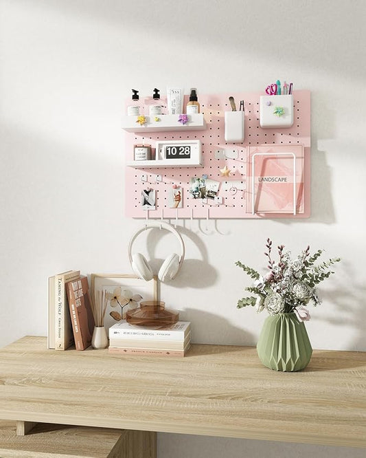 Metal Pegboard Kit — Carbon Steel Pegboards with 26 Accessories, Pegboard Wall Organizer for Home, Office, Study Room, Kitchen, Craft Room & Gaming Setup— 24″ × 16″ Pink Peg Board