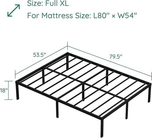 18 Inch Full XL Bed Frame Heavy Duty Metal Platform No Box Spring Needed, Maximum Storage, Easy Assembly, Noise Free, Black