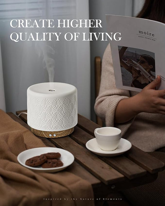 Essential Oil Diffuser, 280ml Ceramic Aromatherapy Diffuser for Large Room, 2.4MHz Ultrasonic Cool Mist Diffuser Oil Machine, Quiet & Intelligent Aroma Diffuser for Home Office SPA Yoga