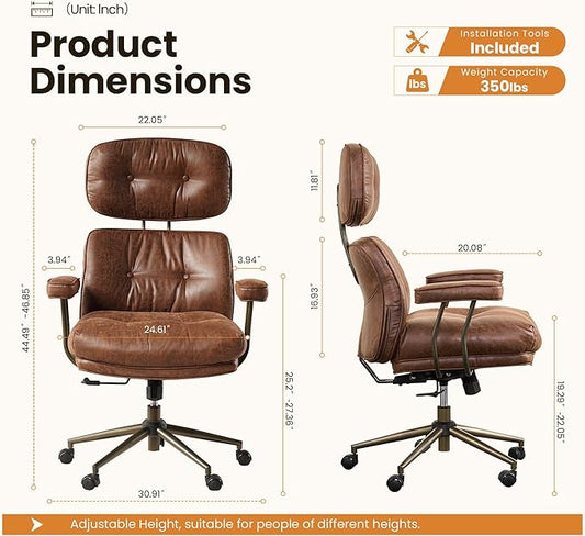 Mid-Century Modern Office Chair, Home Office Desk Chair with Adjustable Lumbar Support, Thickened Cushion Executive Desk Chair with 360 Rolling Swivel for Meeting Game Study Room(Dark Brown)