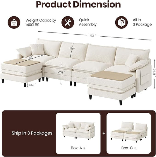 143" U Shaped Modular Sectional Cloud Couch with Two Ottoman, Snap-on Easy Installation 6-Piece Deep Seat Sofa with Storage Bag and Coffee Table for Living Room, Corduroy, Beige