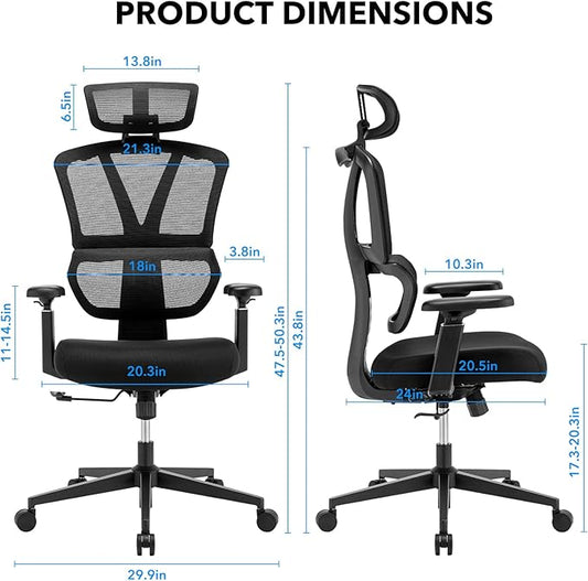 Ergonomic Office Chair - 400 lbs Capacity High-Back Mesh Computer Chair with Lumbar Support, Adjustable Headrest | Home and Gaming Desk Chair,Black