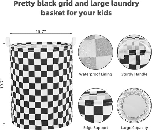 Large Foldable Laundry Basket Organizer Holder portable tall collapsible laundry hamper nusery Storage Basket Bin with Handles (Waterproof Lining, Black Racing Flag)