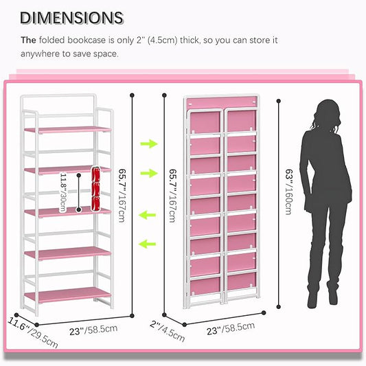 4NM No Assembly 5 Tiers Folding Bookshelf Storage Shelves Vintage Bookcase Standing Racks Study Organizer Home Office (Pink White)