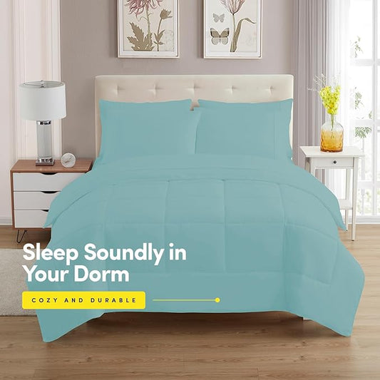 Dorm Room Essentials College Bedding Comforter Set 5 Piece Twin XL Size Bed in a Bag for College Students Boys and Girls, Twin XL, Misty Blue