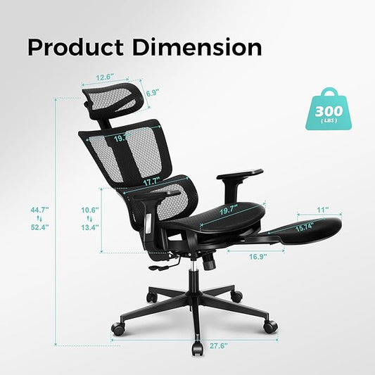 ALPHA HOME Ergonomic Office Chair with footrest, High-Back Mesh Computer Chair with Lumbar Support, Adjustable Height&Headrest&Flip-up Armrest, 360° Swivel Wheels, SGS Certified