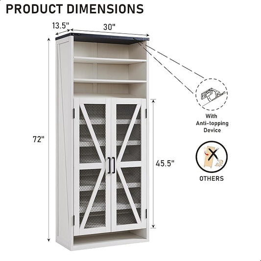 JXQTLINGMU Farmhouse Shoe Cabinet, 72" Tall with Mesh Doors and Adjustable Shelves, Rustic Wooden Shoe Organizer, Modern Large Shoe Storage for Entryway, Off White