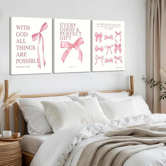 3 Pcs Coquette Pink Bow Canvas Wall Art Inspirational Bible Verses Bow Posters Wall Decor Pink Bow Room Pictures Prints Aesthetic for Girls Room Living Room Bedroom Bathroom Dorm 12x16 Inch Framed