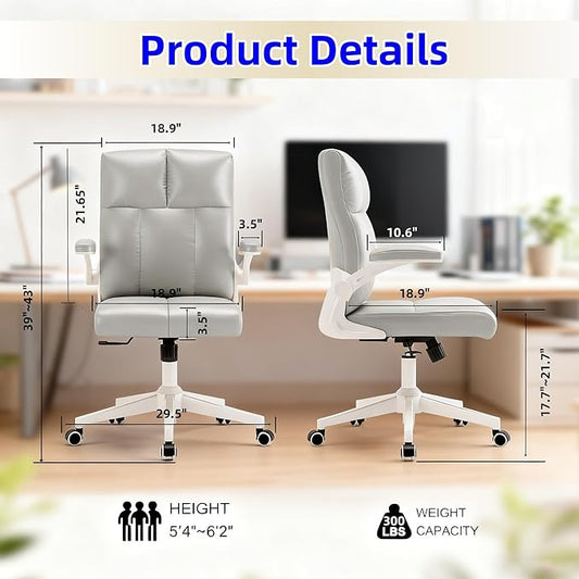 Ergonomic Home Office Desk Chair with Space Saving Flip-Up Arms, 360° Swivel & Reclining Back, Executive Chair in Soft Faux Leather Chair Multi-Angle from 90° to 135° with 450LBS Capacity(Gray)
