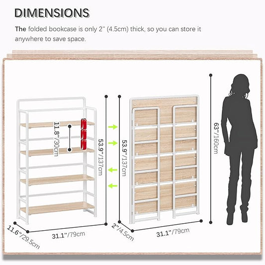 4NM No Assembly Extra Wide 4 Tiers Folding Bookshelf Storage Shelves Vintage Bookcase Standing Racks Study Organizer Home Office (Natural White)