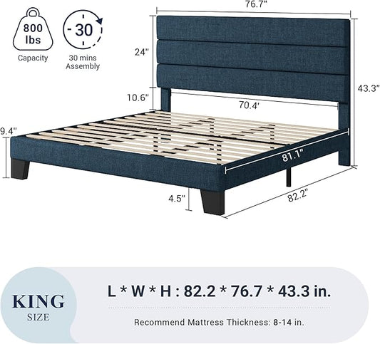 Allewie King Size Platform Bed Frame with Fabric Upholstered Headboard and Wooden Slats Support, Fully Upholstered Mattress Foundation/No Box Spring Needed/Easy Assembly, Navy Blue