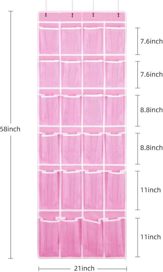 2 Pack Hanging Shoe Organizer,Over Door Shoe Organizer with 24 Mesh Large Pockets Shoe Storage Bag for Sport Shoes Size:58x21 Inch Hanging Door Shoe Rack Organizer (Pink-2pack)