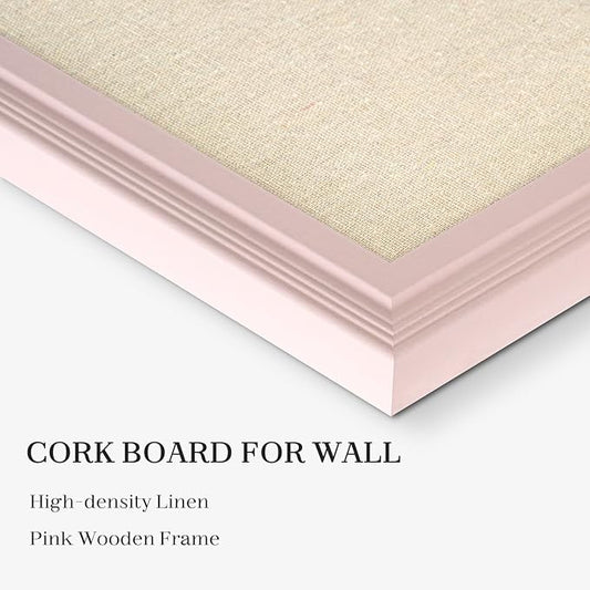 Large Cork Board with Linen, 24" x 18" Hanging Pink Wood Framed Bulletin Board, Picture Display Vision Board Corkboards for Wall Room School Office Decor, 10 Pushpins, 1 Pack