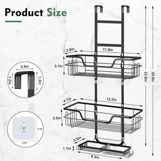 Shower Caddy, Hanging Organizer Rack with Hooks and Adhesives, No Drilling, Rustproof Stainless Steel Bathroom Organizer Bathroom Shower Shelves for Inside Black
