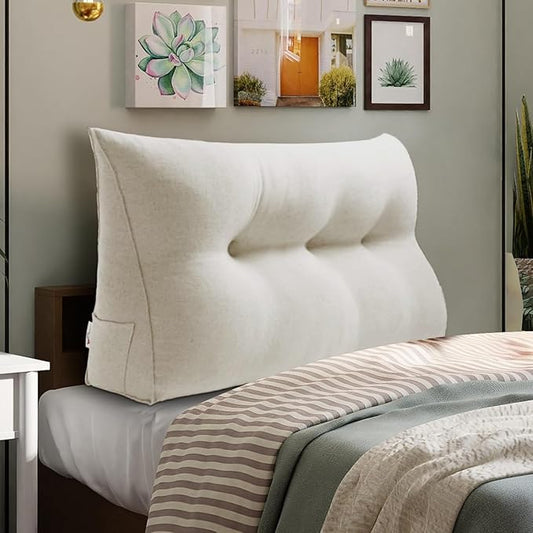 WOWMAX Wedge Pillow Headboard Dorm Headboard Twin XL Bed Wedge Pillow Bolster Pillow for Bed with Removable Cover, 85% Linen 15% Cotton Blend, Pure White