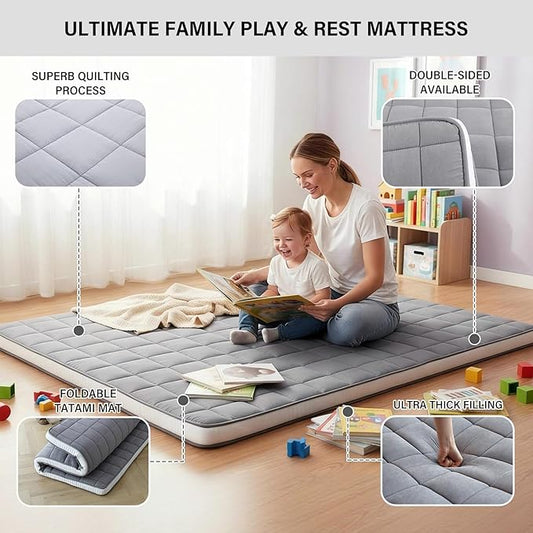 Tiita Futon Mattress 4” Thick Folding Roll Up Sleeping Pad with Bag & Strap, Bed Topper Mat for Guest, Lounger and Tavel, Gray,Queen Size