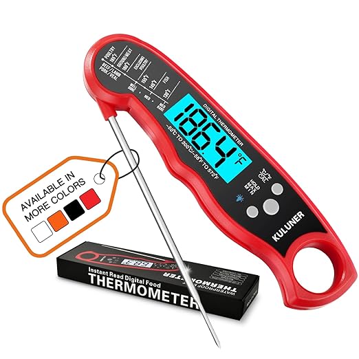 KULUNER TP-01 Waterproof Digital Instant Read Meat Thermometer with 4.6 Folding Probe Backlight Calibration Function for Cooking Food Candy, BBQ Grill, Liquids,Beef(Red)