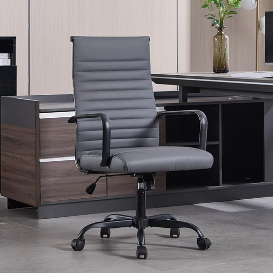 Office Chair, Ergonomic Executive Conference Room Chairs, Ribbed Leather Desk Chair with Lumbar Support, Adjustable Height Mid-Back Swivel Chair with Padded Seat