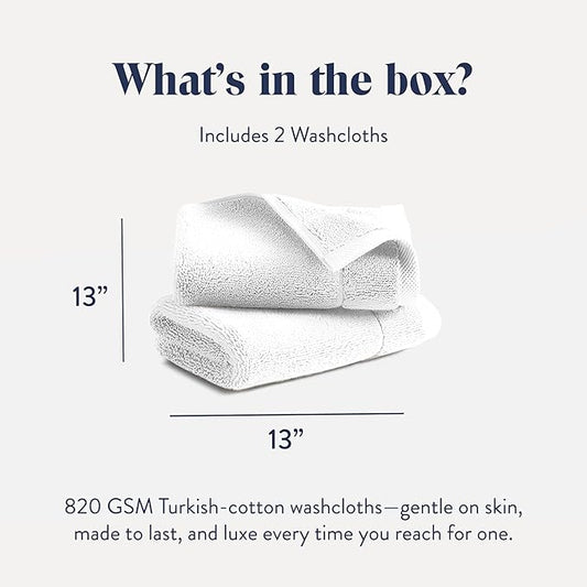 Brooklinen Super-Plush Turkish Cotton Washcloths - Set of 2 - Cotton, 820 GSM, Highly Absorbent, Machine Washable, Perfect for Home & Bathroom (13" x 13", Solid White)
