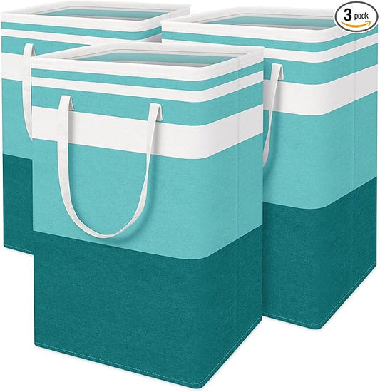 BlissTotes 3-Pack Laundry Basket, Freestanding&Waterproof Laundry Hamper, Collapsible Tall Clothes Hamper with Easy Carry Handles for Clothes, Towels in the Family and Dorm,Gradient Green,75L