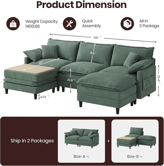 108" U Shaped Modular Sectional Cloud Couch with Two Ottoman, Snap-on Easy Installation 5-Piece Deep Seat Sofas with Storage Bag and Coffee Table for Living Room, Corduroy, Green