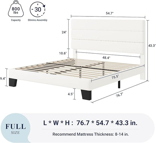 Allewie Full Size Platform Bed Frame with Velvet Upholstered Headboard and Wooden Slats Support, Fully Upholstered Mattress Foundation/No Box Spring Needed/Easy Assembly, White