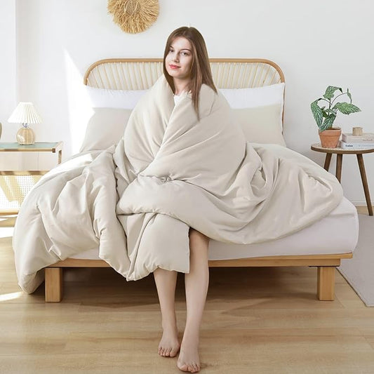 ROSGONIA Beige Comforter Set Queen, 3pcs (1 Boho Beige Comforter & 2 Pillowcases), All Season Bedding Lightweight Soft Bedspread Blanket Quilt