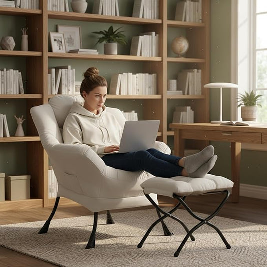 Cozy Lazy Chair and Ottoman, Large Contemporary Accent Lounge Chair Set, Leisure Upholstered Reading Armchair for Bedroom, Living Room, Dorm Rooms, Office, Peach Beige