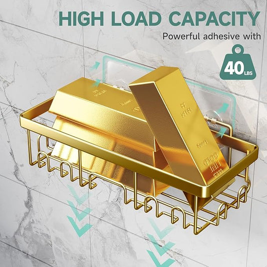 Veken Adhesive Shower Caddy 5-Pack,Heavy Weight Bearing,Large Wall Mounted Shower Shelves Rack,Organizer Storage Accessories with Soap Dish&Toothbrush Holder,Ideal for Bathroom,Home&Kitchen,Gold